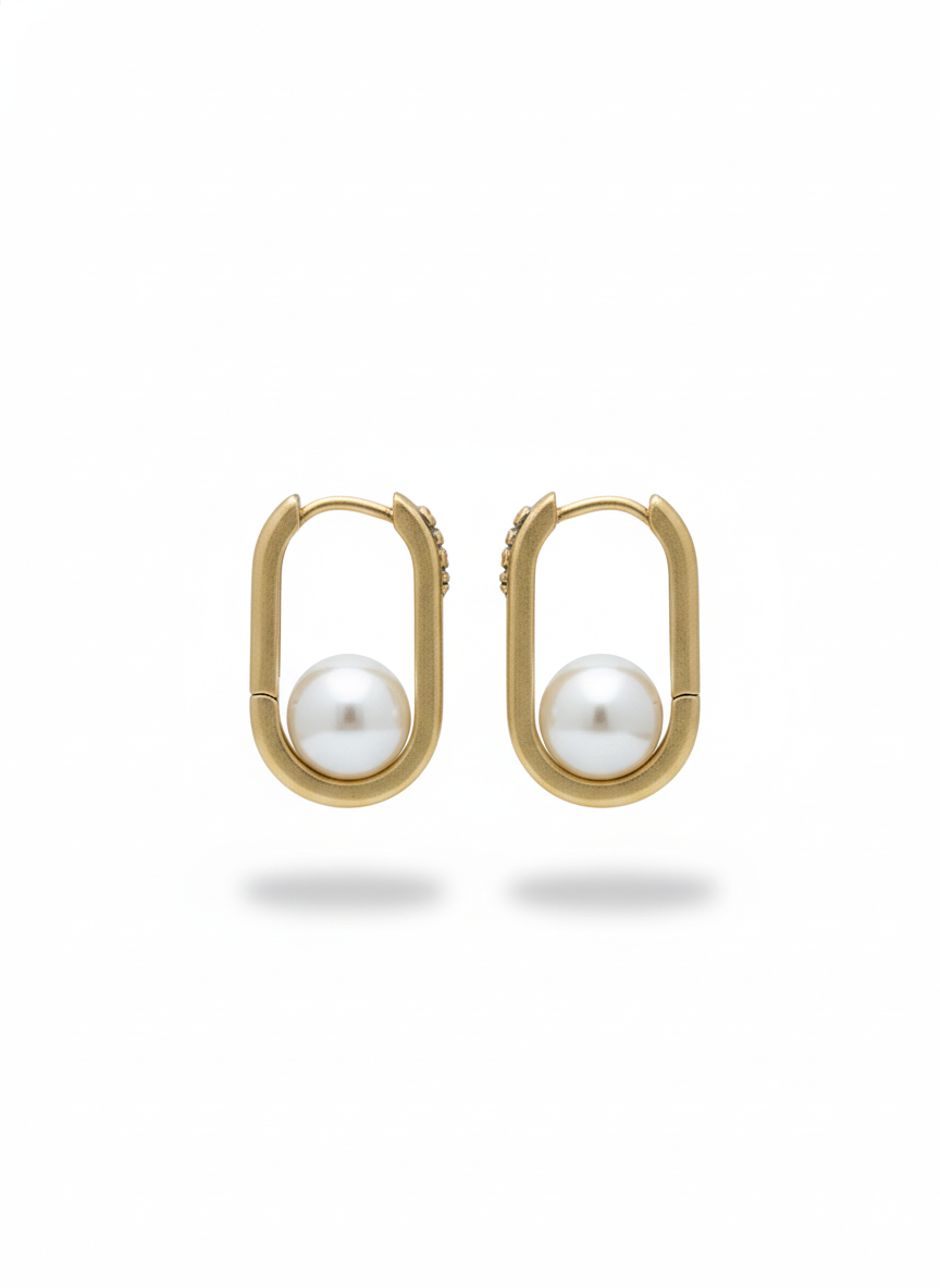 Gold Oval Hoop Earrings with Pearls
