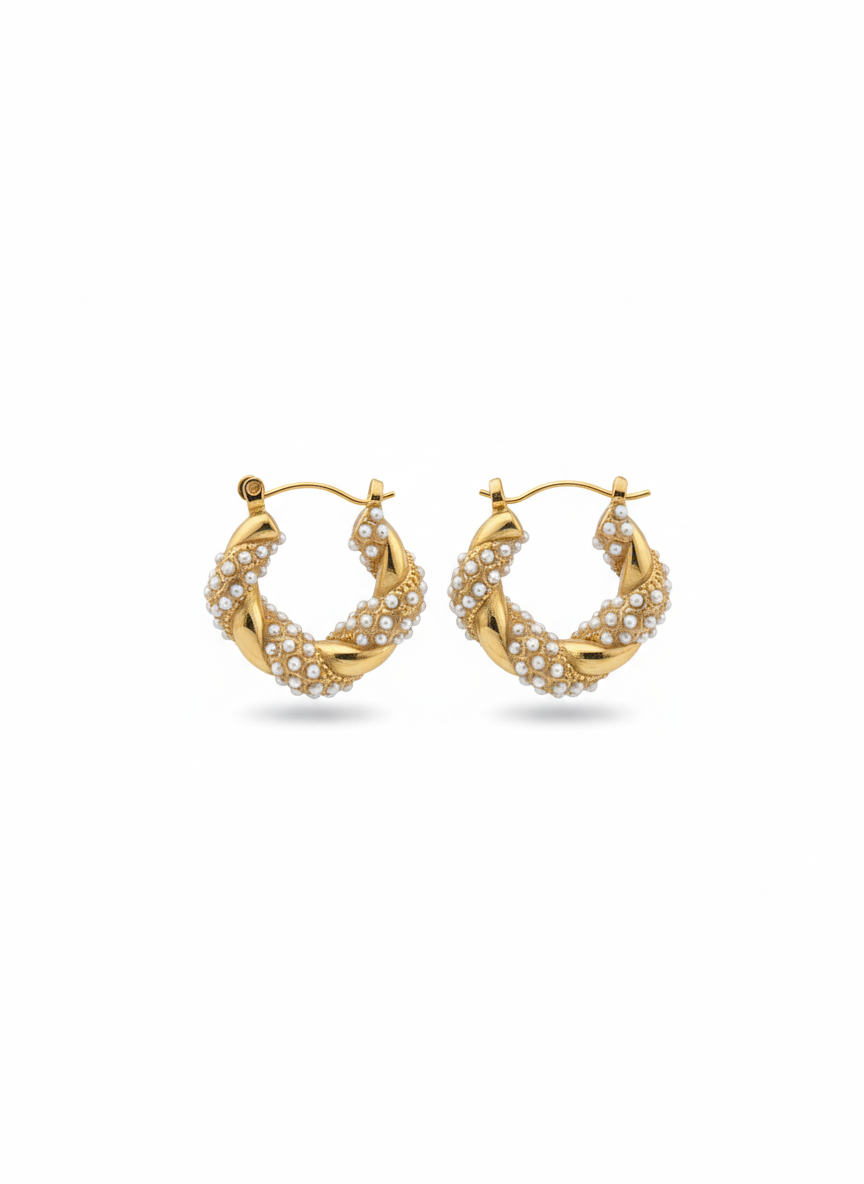 Pearl Twisted Gold Hoop Earrings