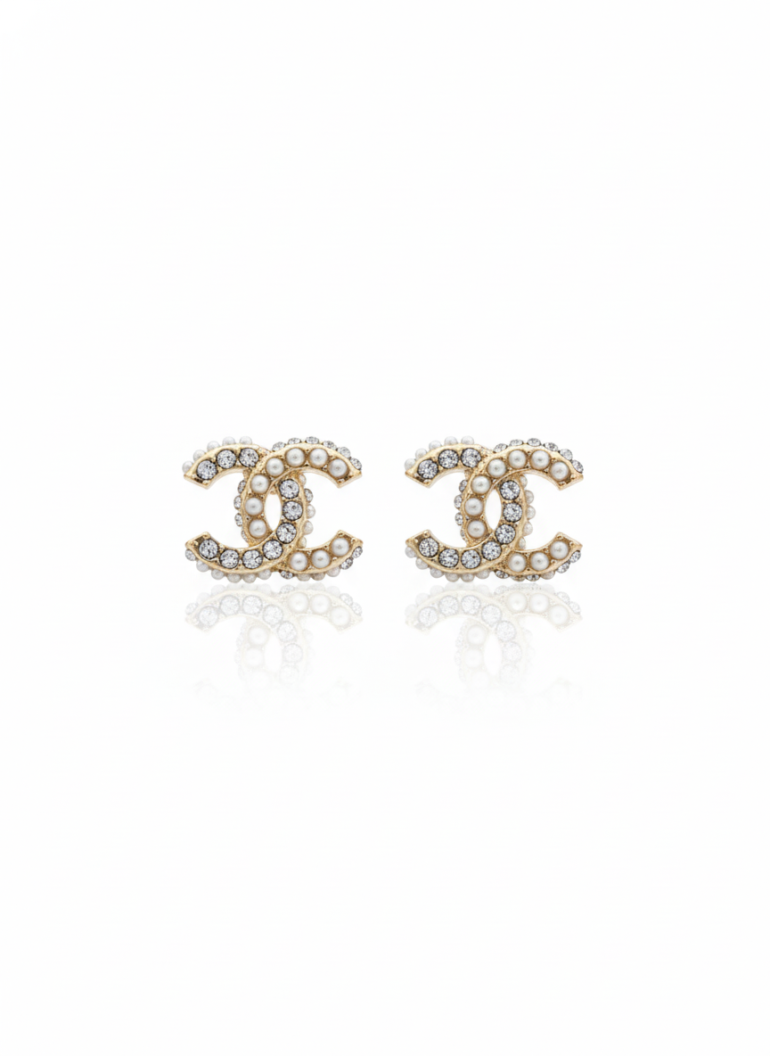 Classic Designer Logo Pearl & Crystal Stud Earrings