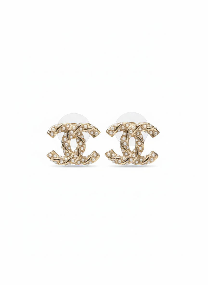 Infiniti Quilted Pearl Stud Earrings - Gold Tone