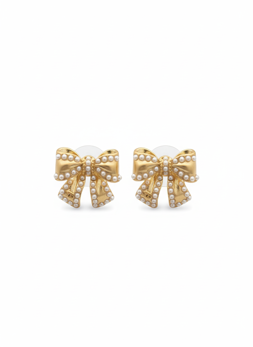 Pearl Bow Stud Earrings - Gold Tone