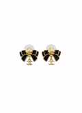 Designer Logo Enamel Bow Earrings - Black & Gold