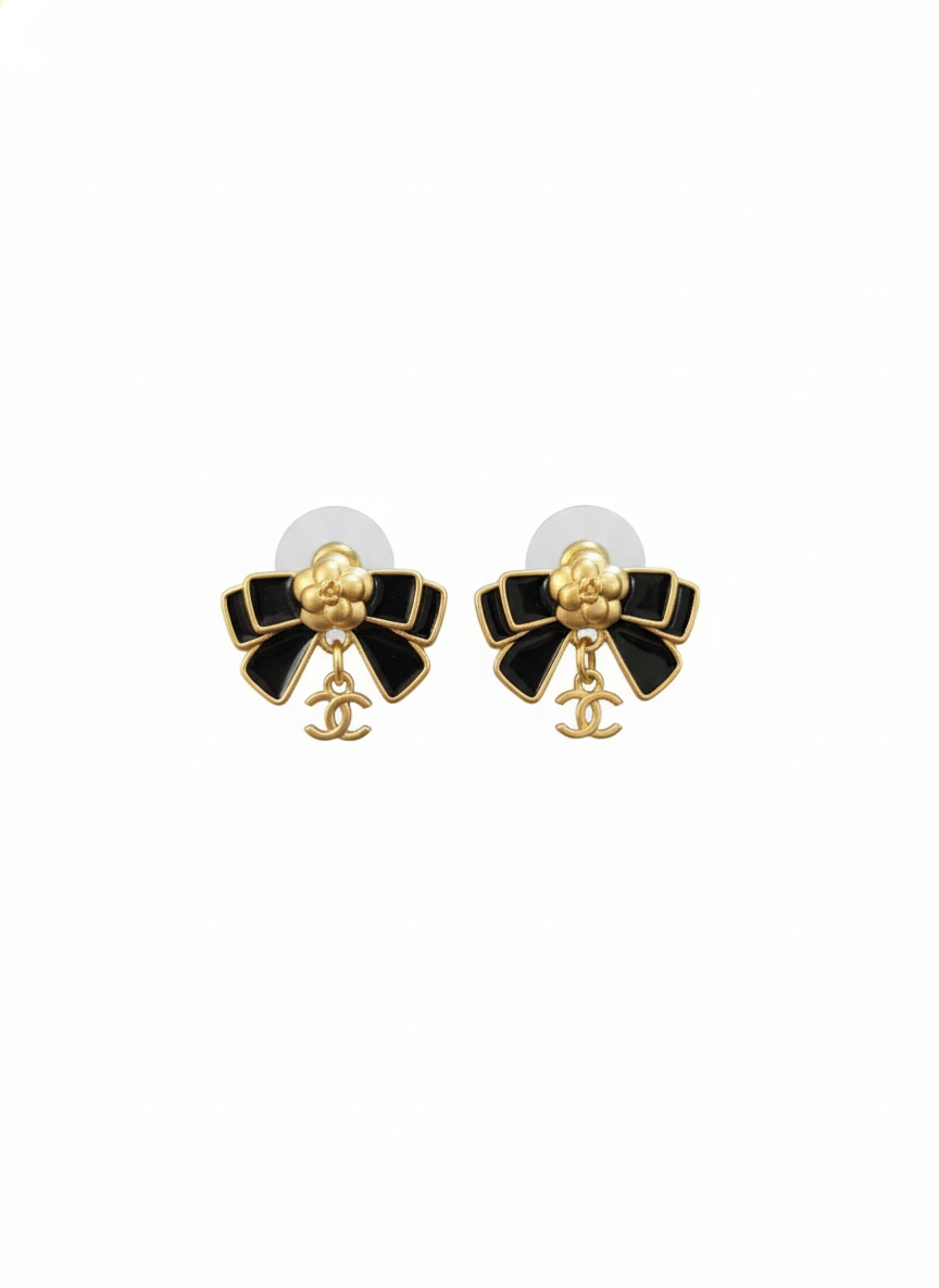 Designer Logo Enamel Bow Earrings - Black & Gold