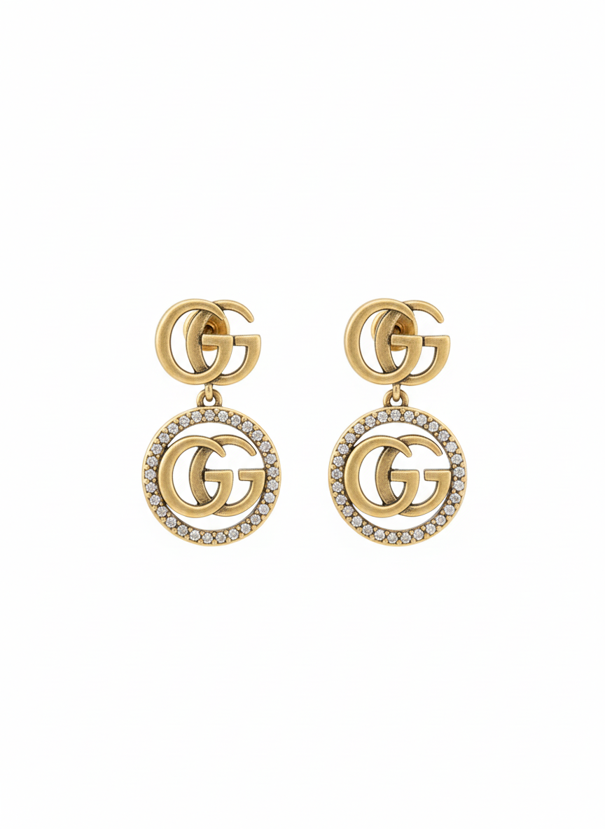 Luxury Double G Crystal Drop Earrings - Gold Tone