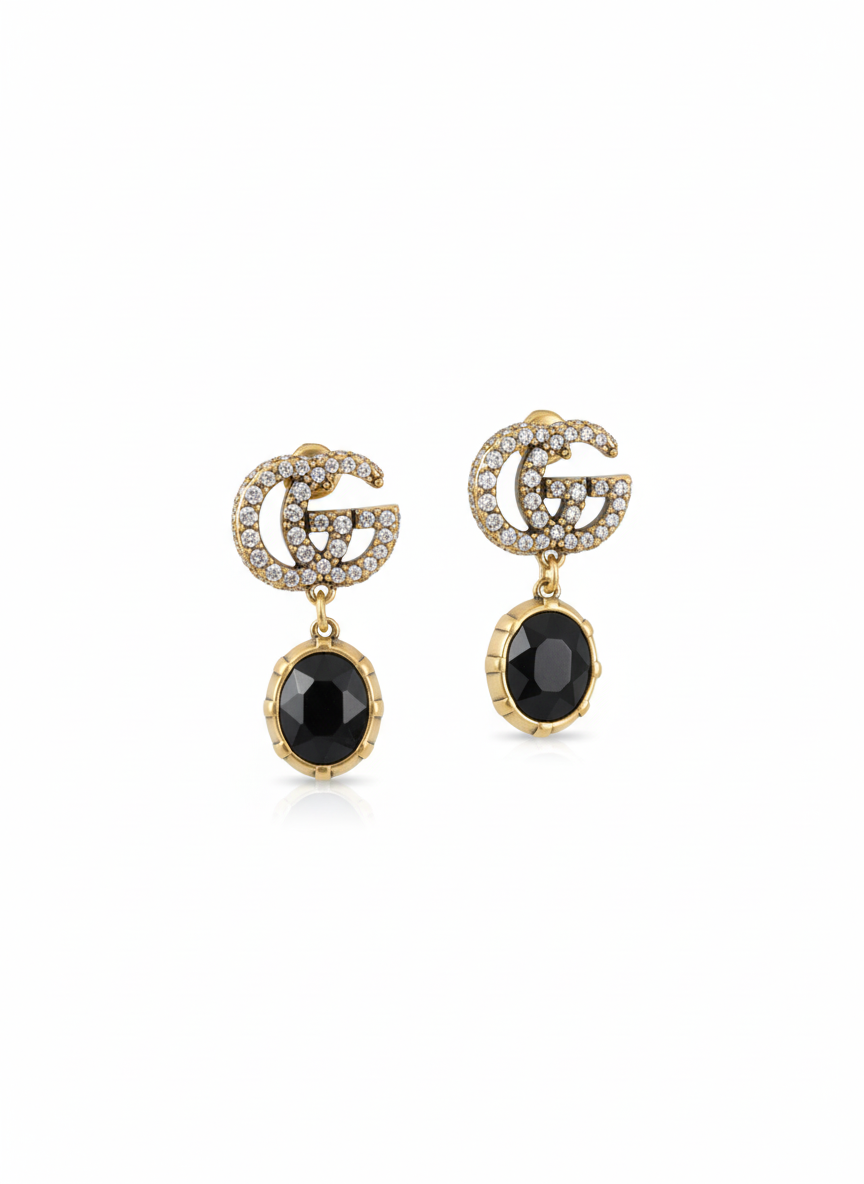 Luxury Crystal & Black Stone Drop Earrings - Gold Tone