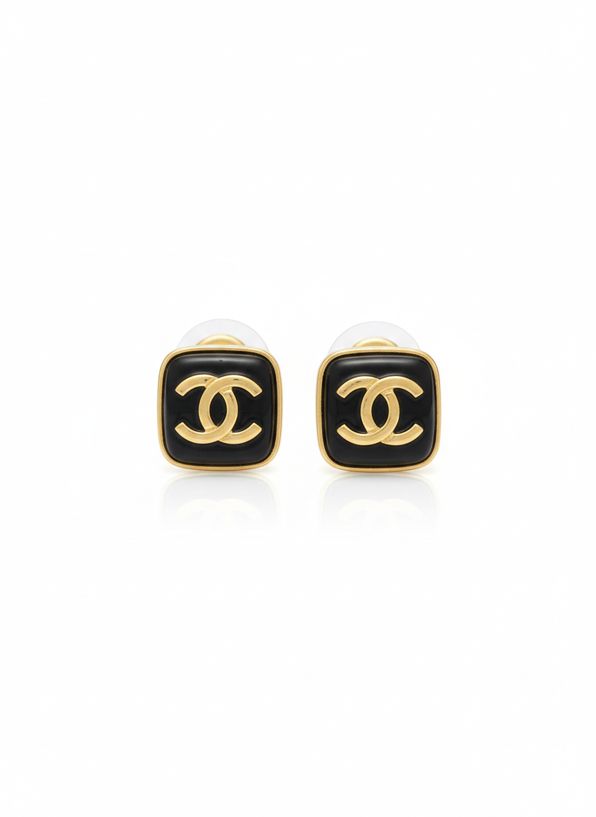 Infiniti Logo Stud Earrings - Black & Gold Tone Designer Jewelry