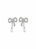 Crystal Bow Pearl Drop Earrings - Silver Tone