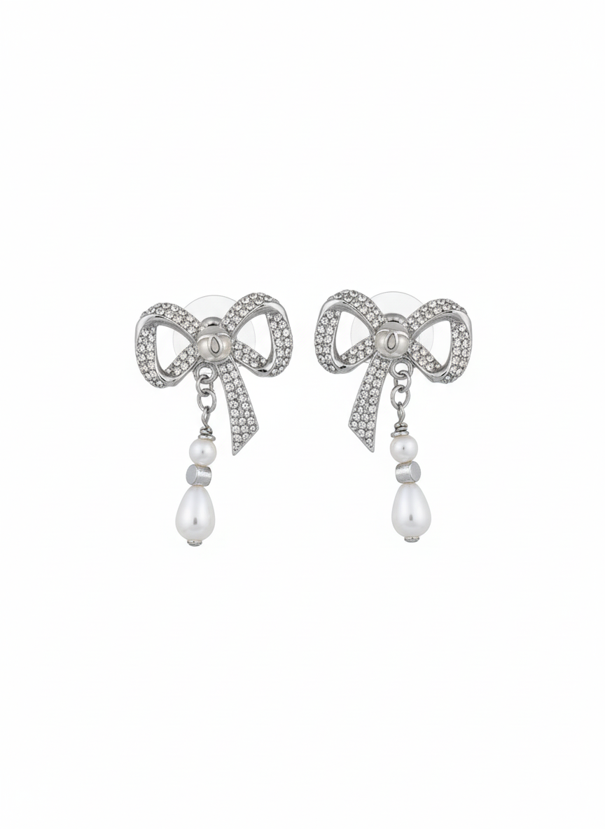 Crystal Bow Pearl Drop Earrings - Silver Tone