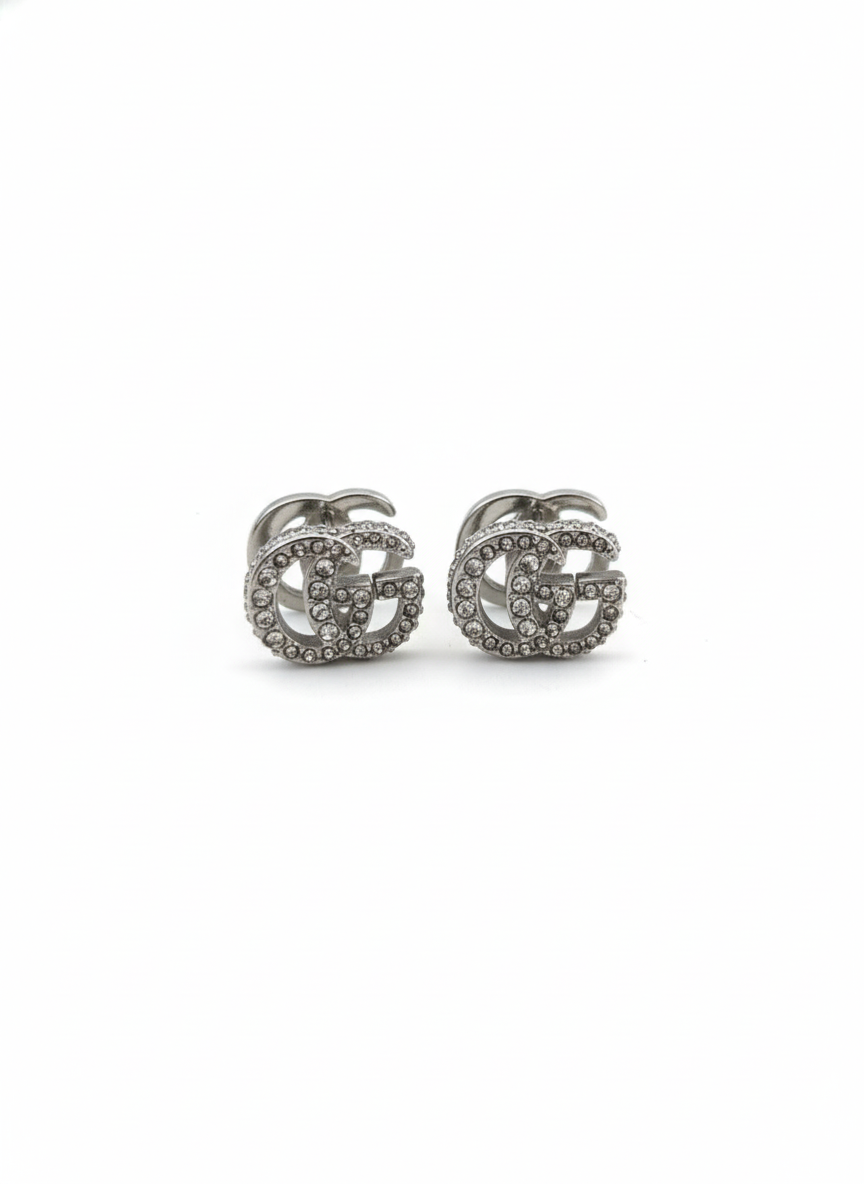 Crystal double Monogram Silver Stud Earrings