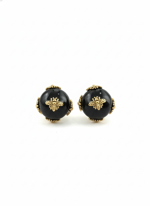 Bee Motif Black Pea Stud Earrings
