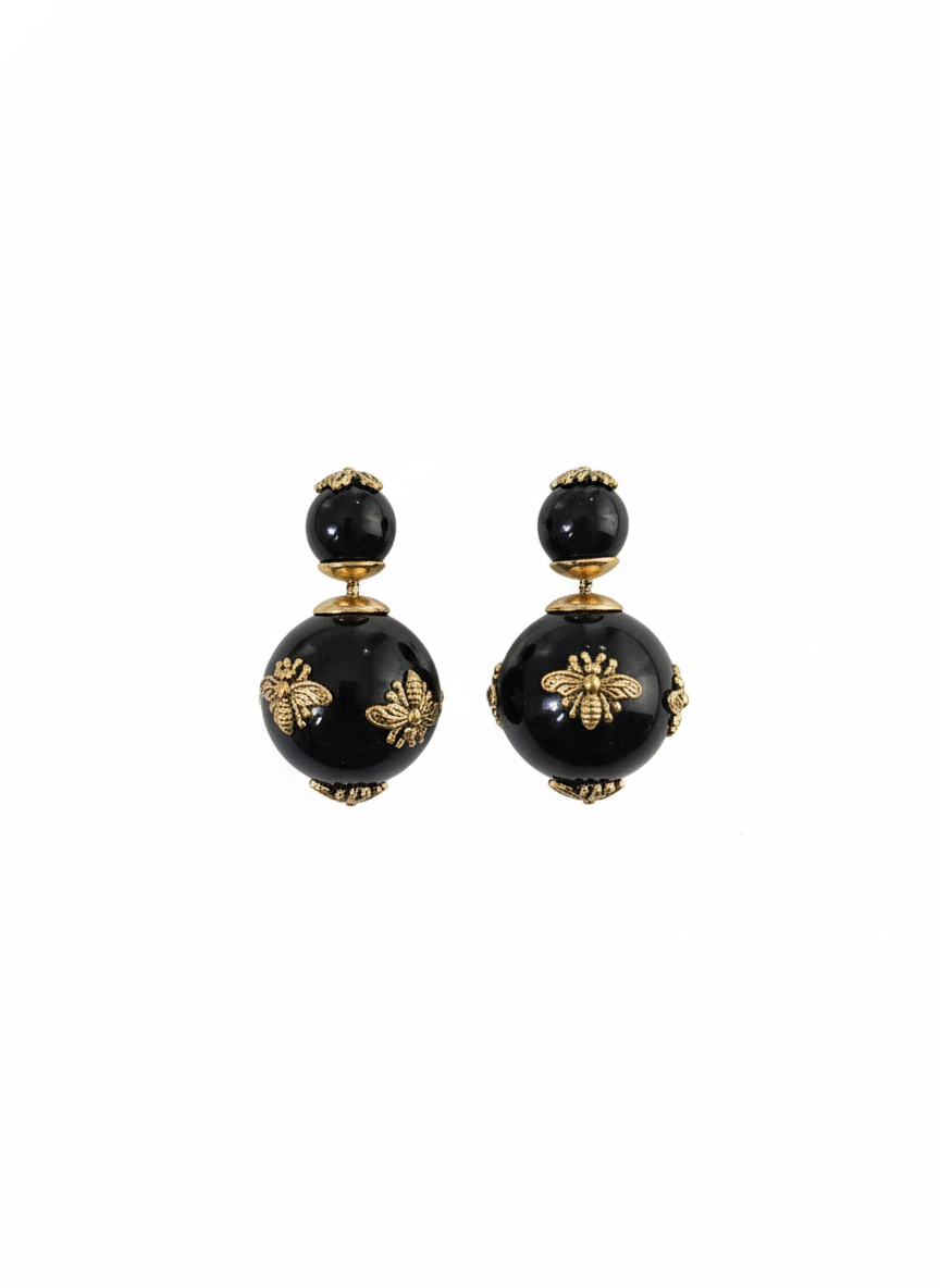 Bee Motif Black Pea Stud Earrings