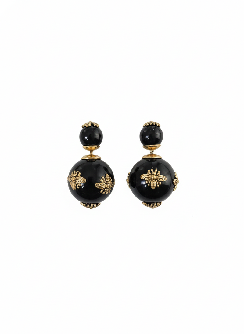 Bee Motif Black Pea Stud Earrings