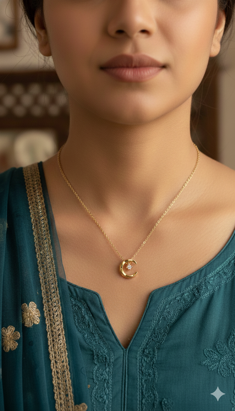 Crescent Moon and Star Crystal Necklace