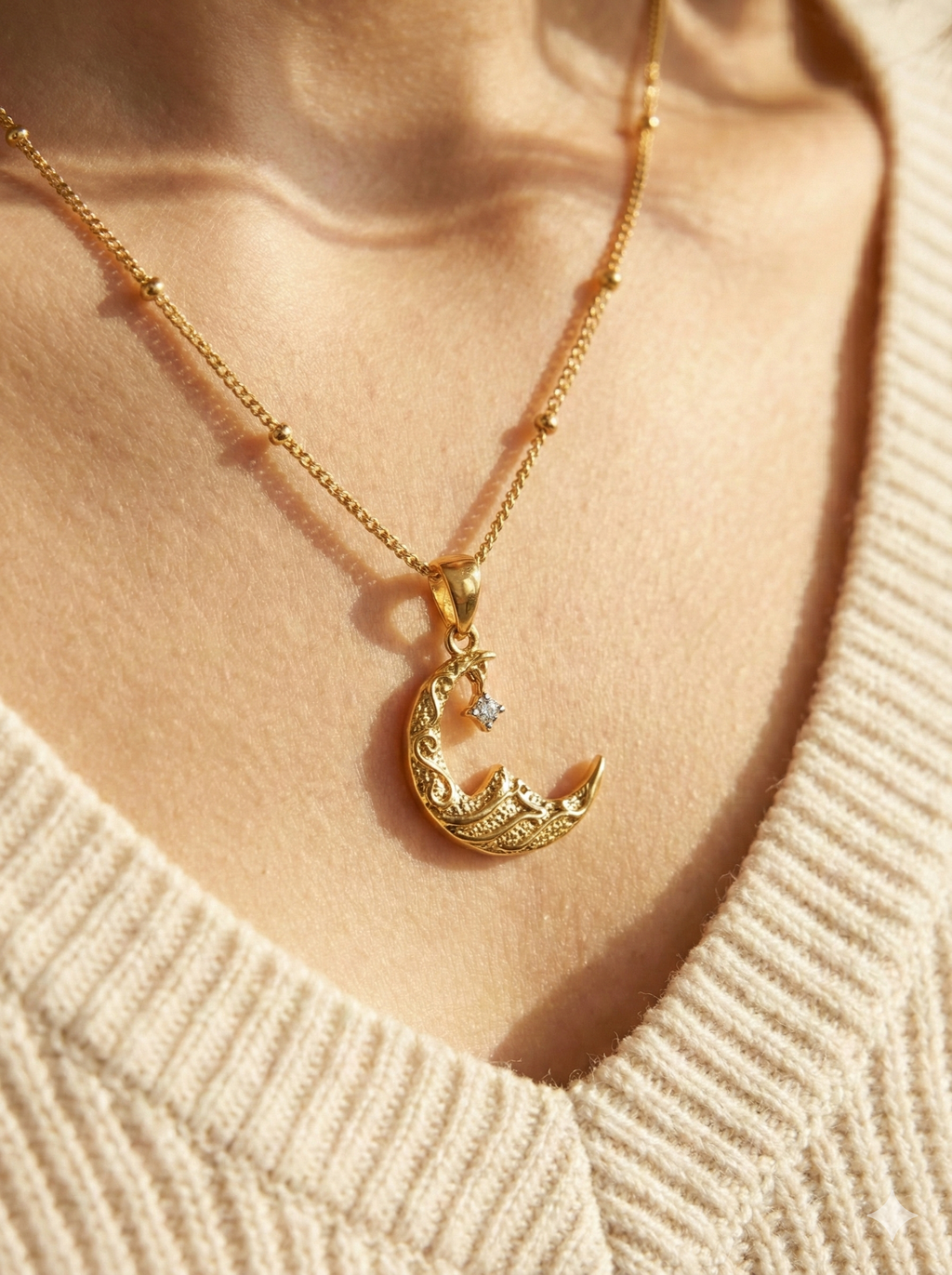 Ornate Crescent Moon Crystal Necklace