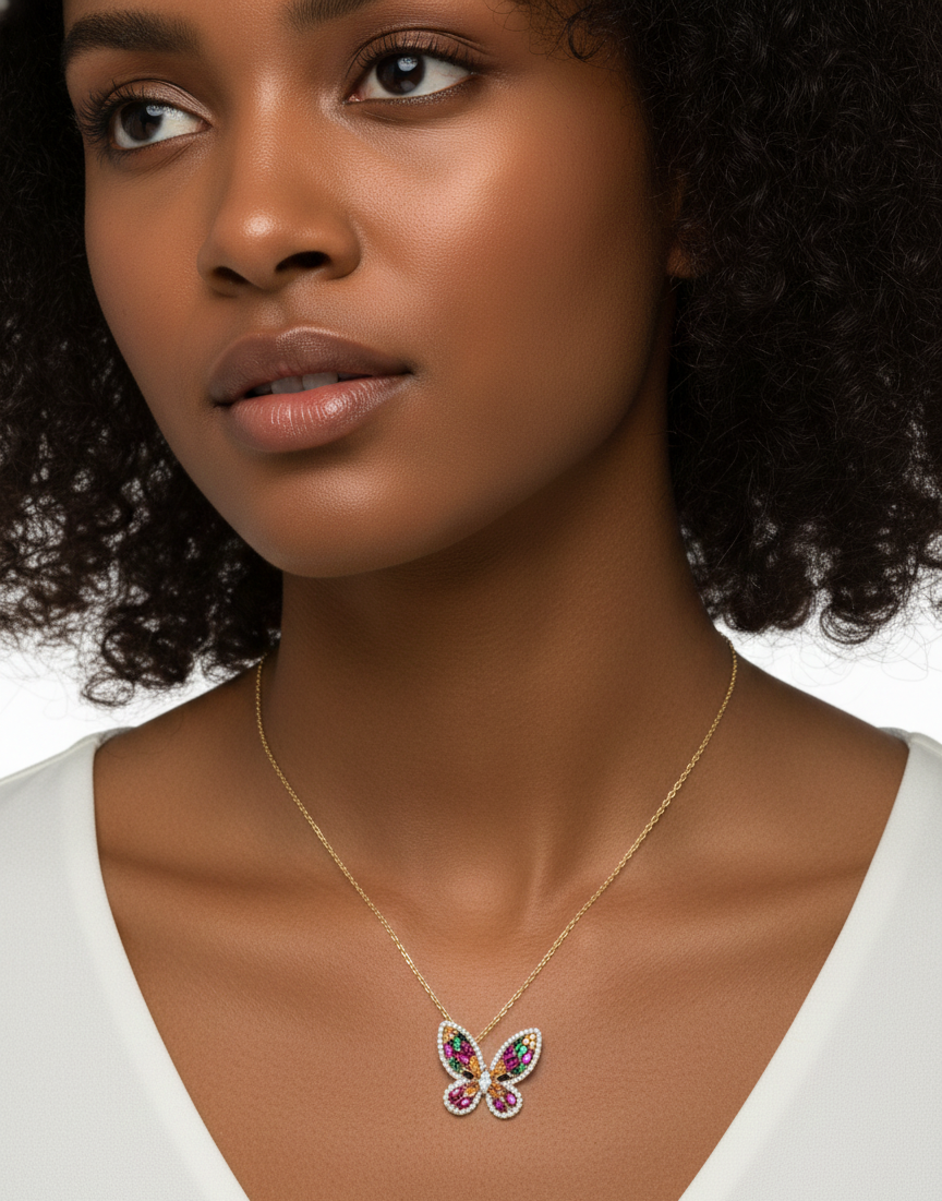 Multicolor Gemstone Butterfly Necklace