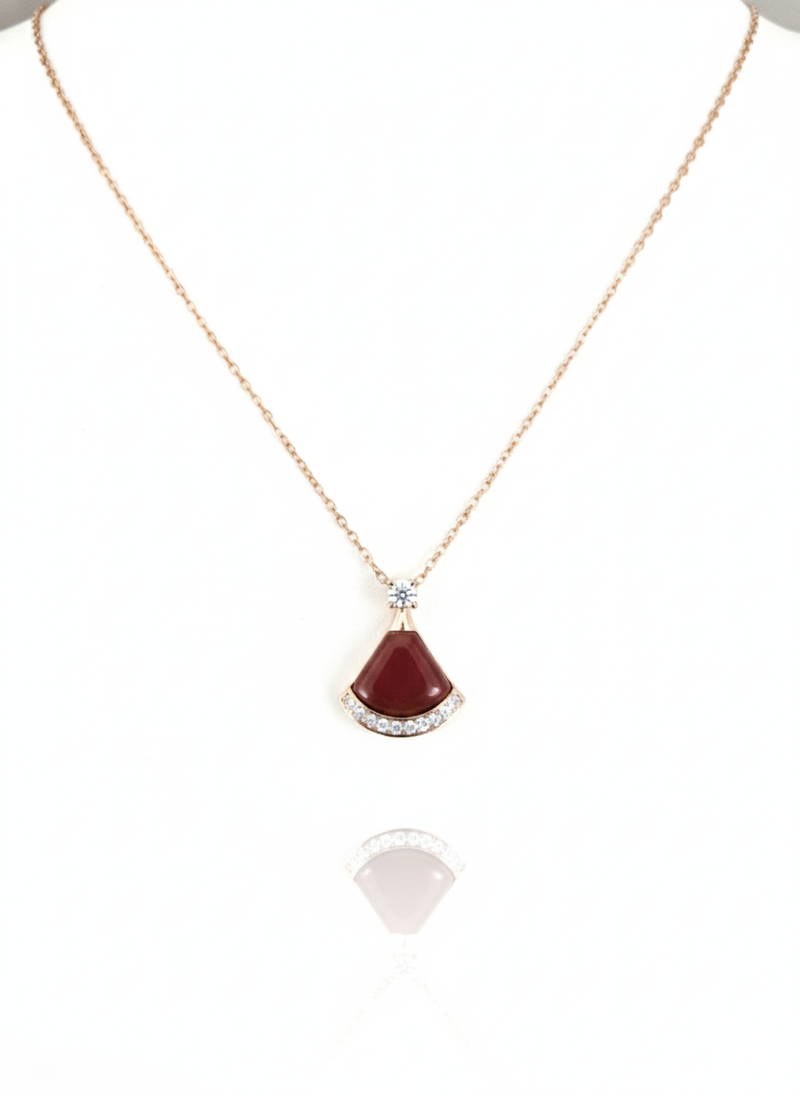 Red Gemstone Fan Pendant Necklace in Rose Gold Chain