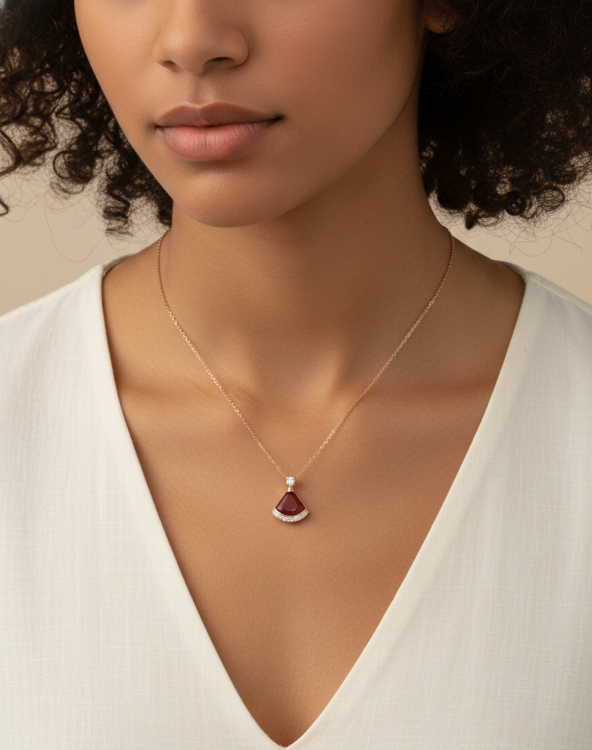 Red Gemstone Fan Pendant Necklace in Rose Gold Chain