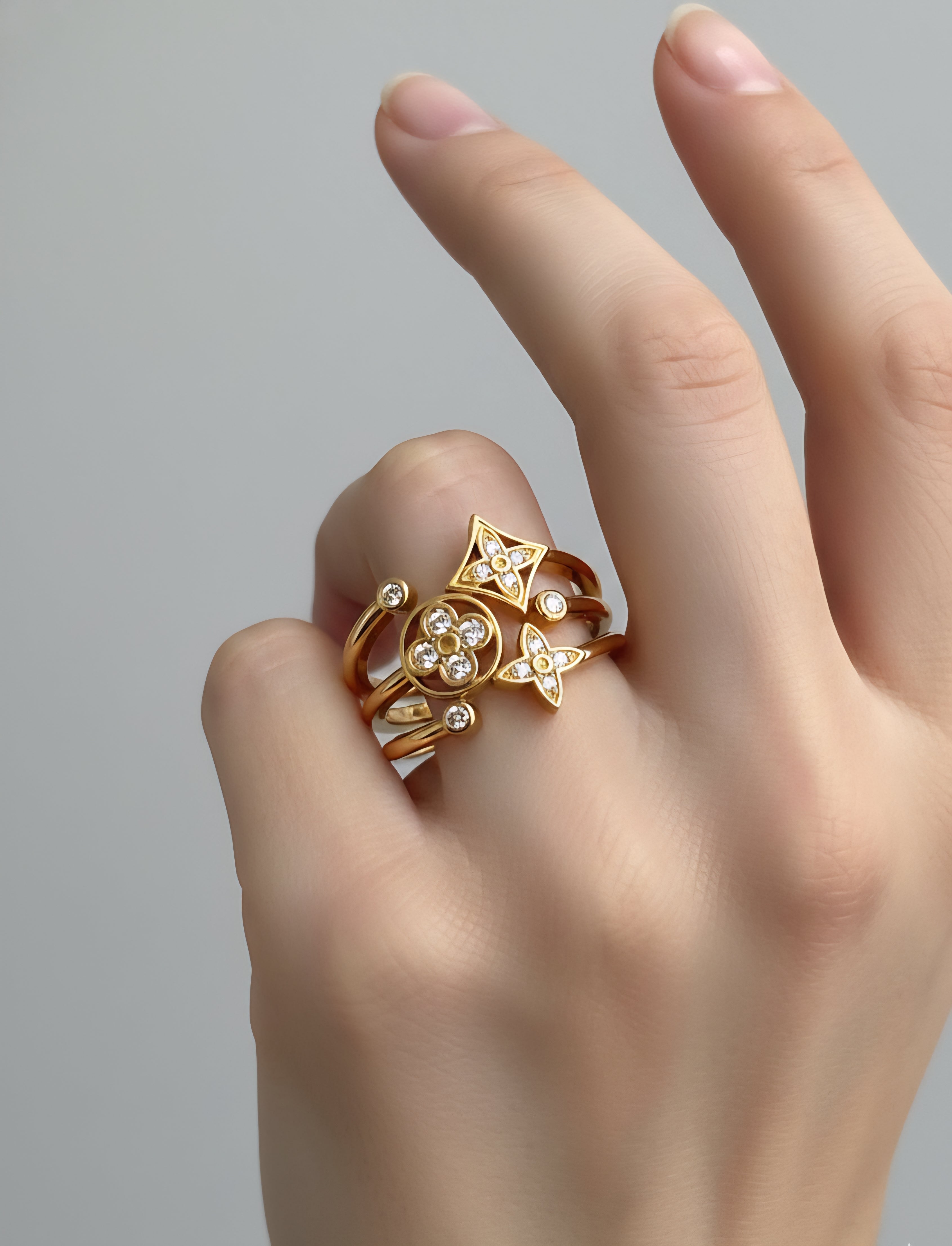 Celestial Motif Crystal Stacking Ring Set - Gold