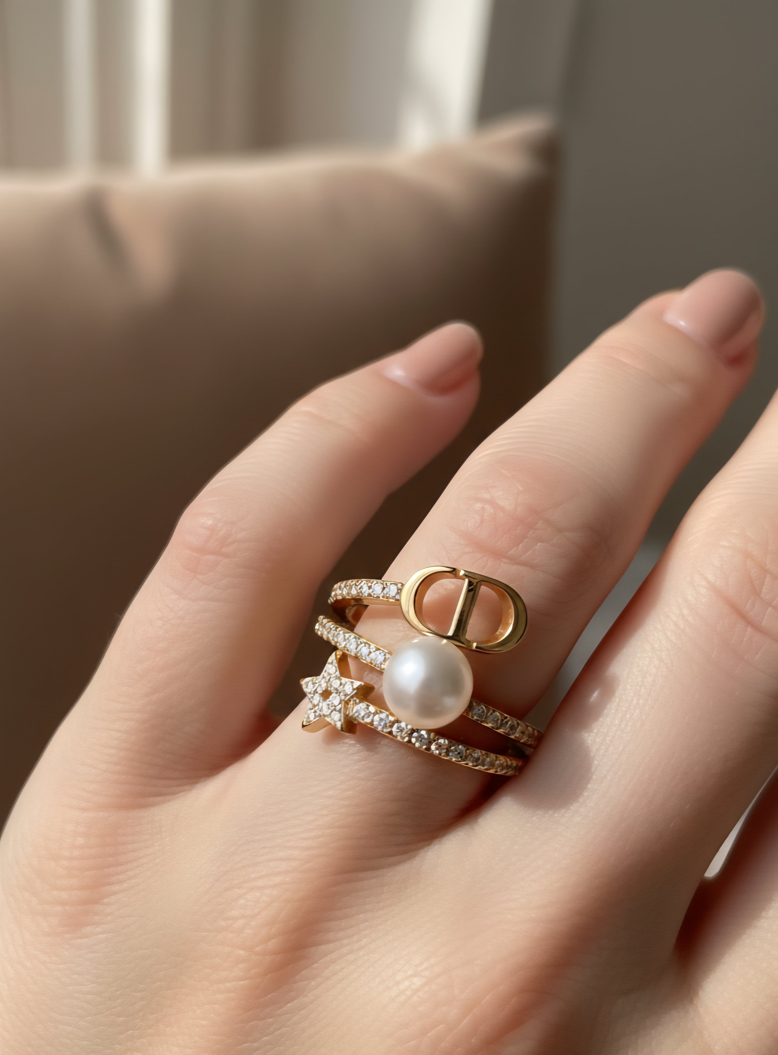 Pearl Star Crystal Stacking Ring Set - Gold