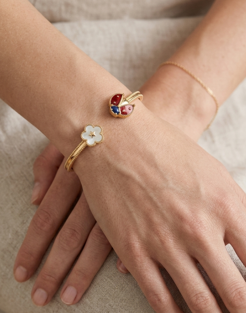 Gold Clover & Ladybug Cuff Bracelet
