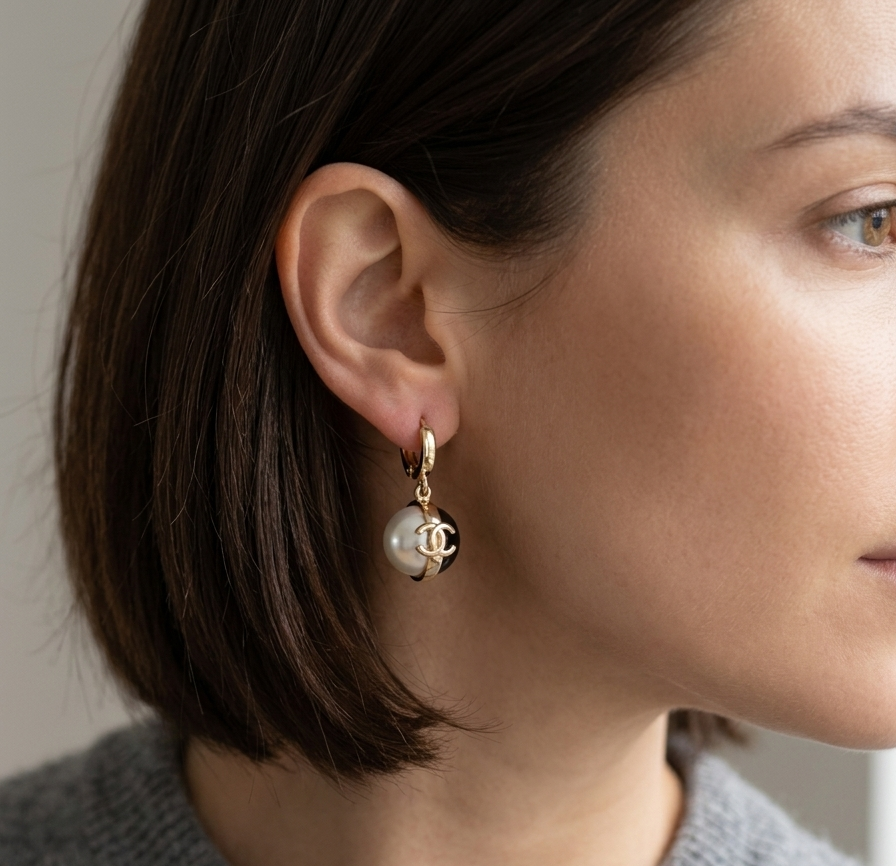 Gold hoop pearl and onyx drop earrings product shot