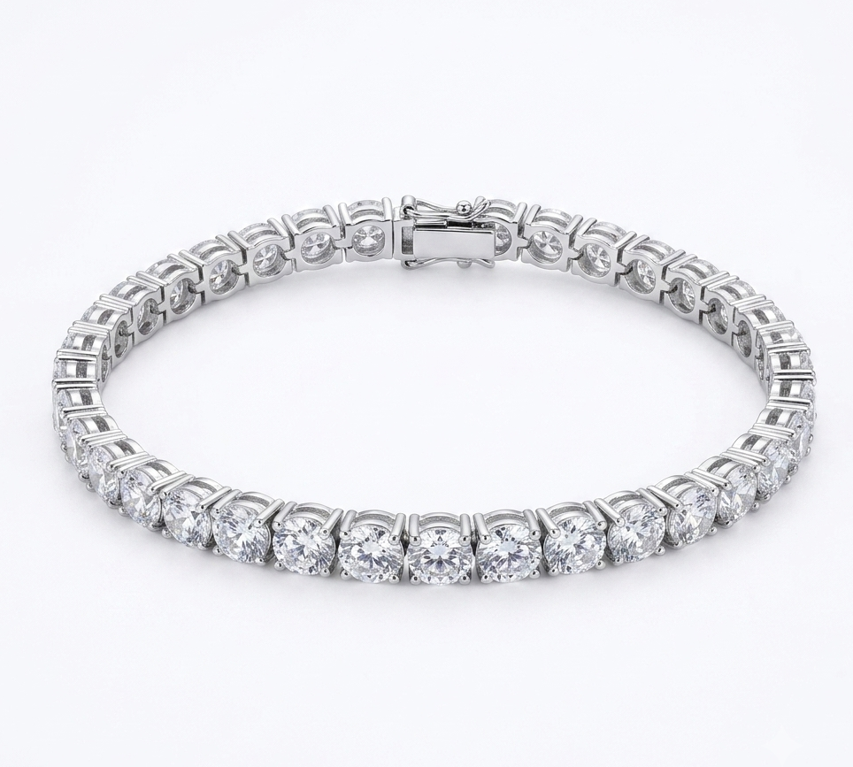 Silver classic tennis bracelet flat lay on white background