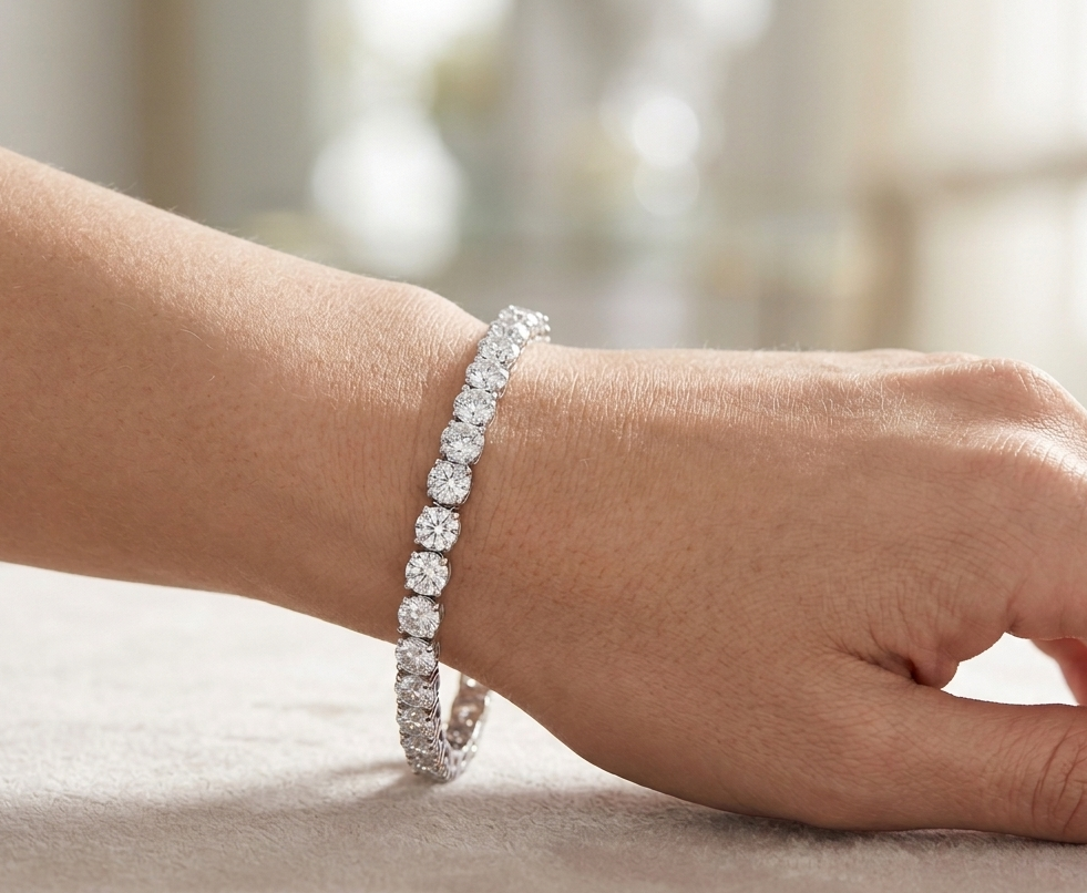Silver classic tennis bracelet worn on wrist