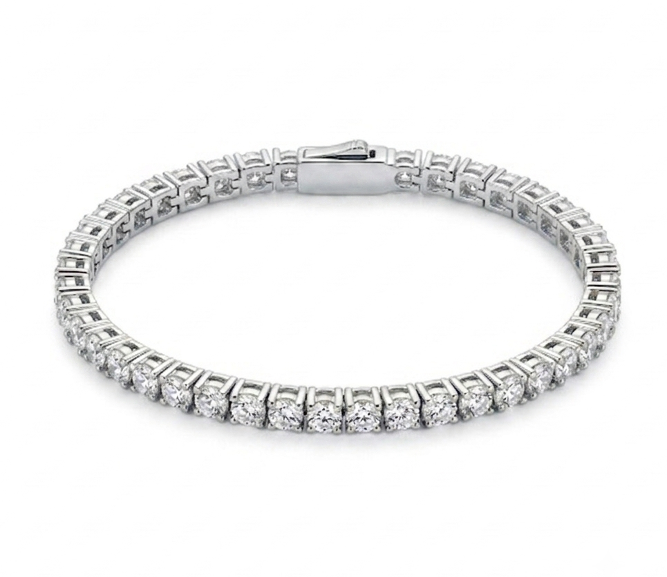 Silver square halo tennis bracelet flat lay on white background