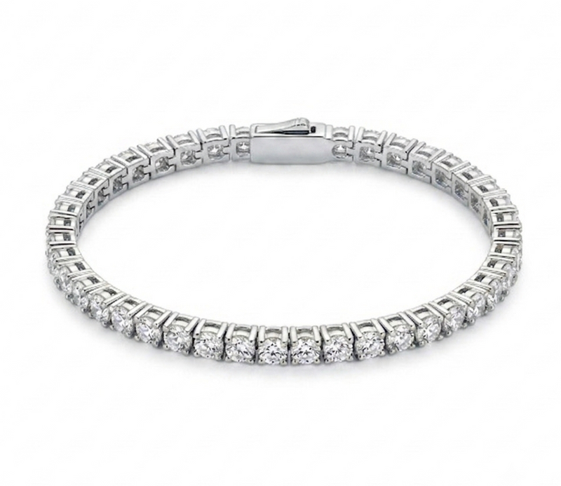 Silver square halo tennis bracelet flat lay on white background