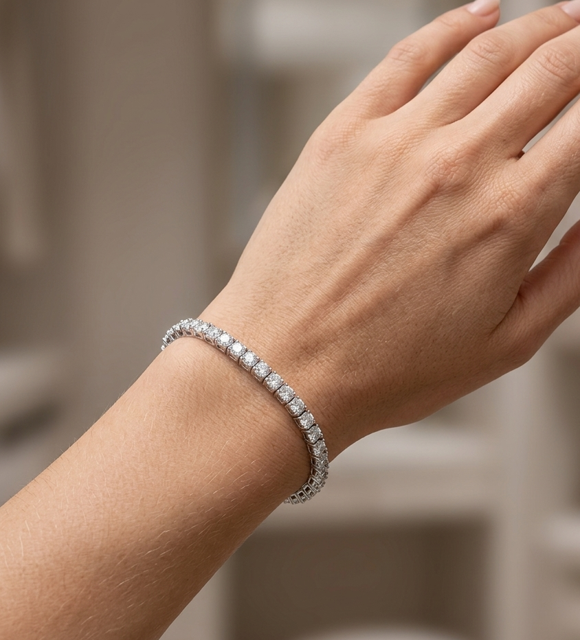 Silver square halo tennis bracelet worn on wrist