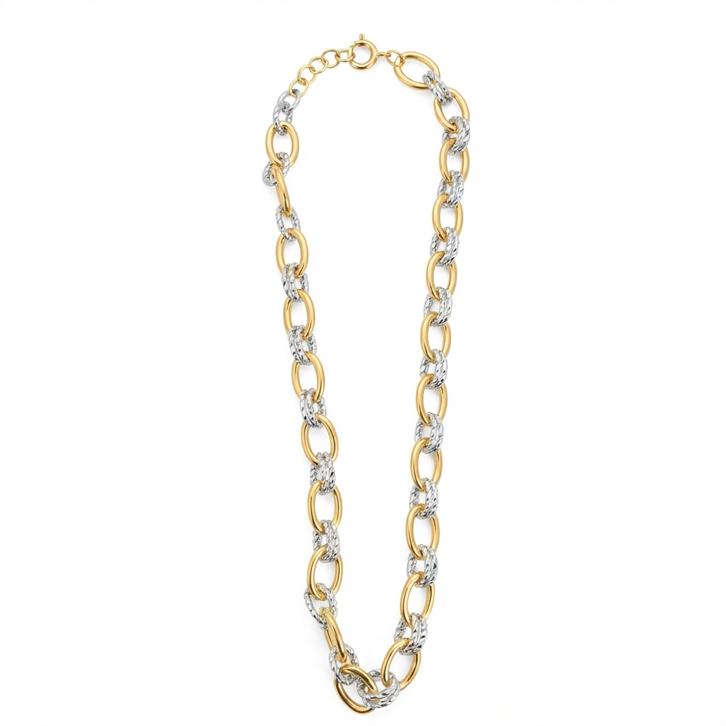 Two-tone oval link chain necklace flat lay on white background