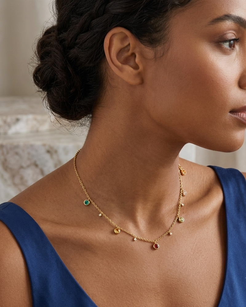 Model wearing gold multicolour crystal drop charm necklace with blue top