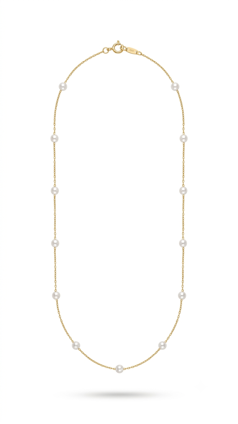 Gold floating pearl station necklace flat lay on white background