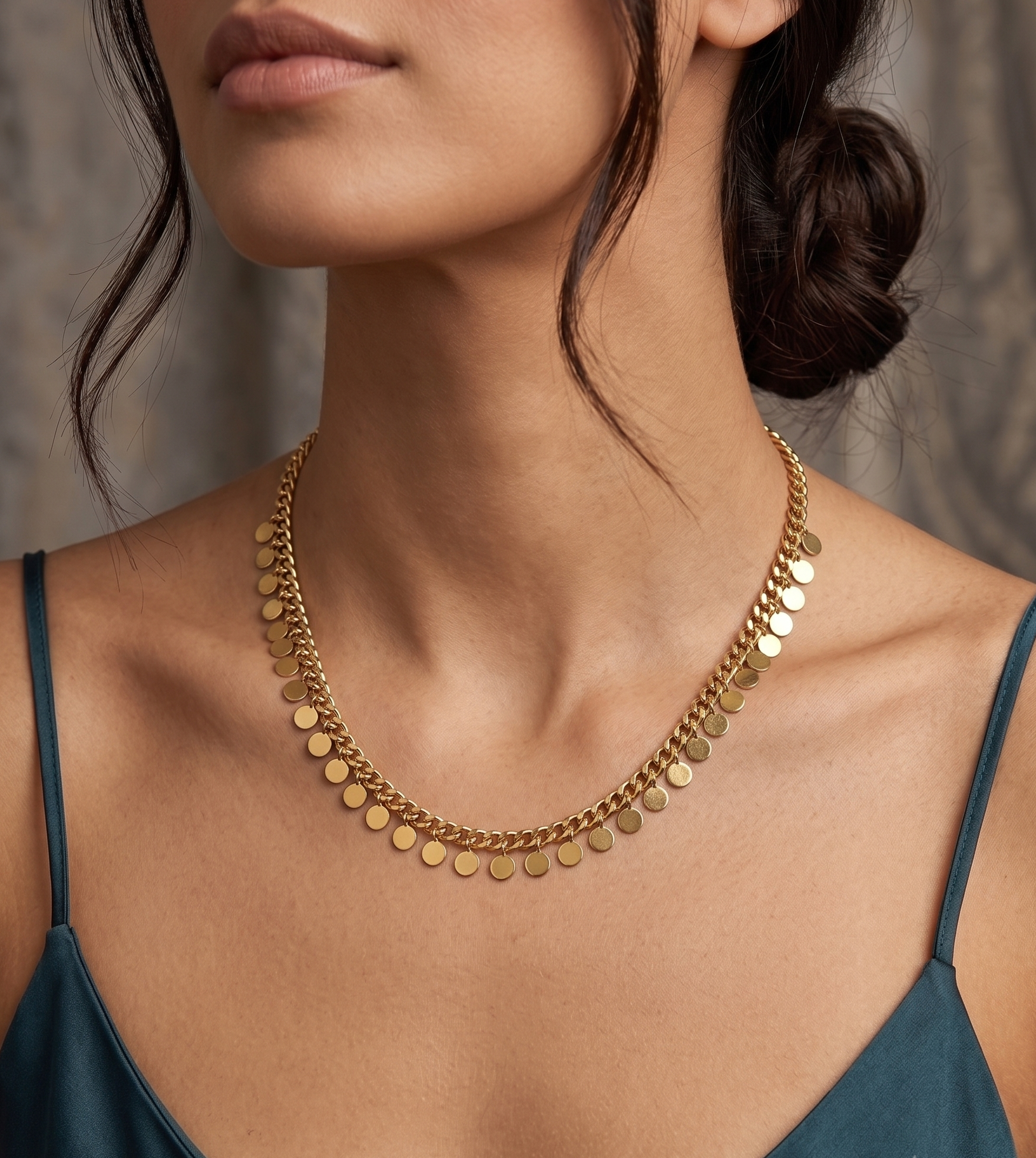 Gold Coin Disc Drop Curb Chain Necklace