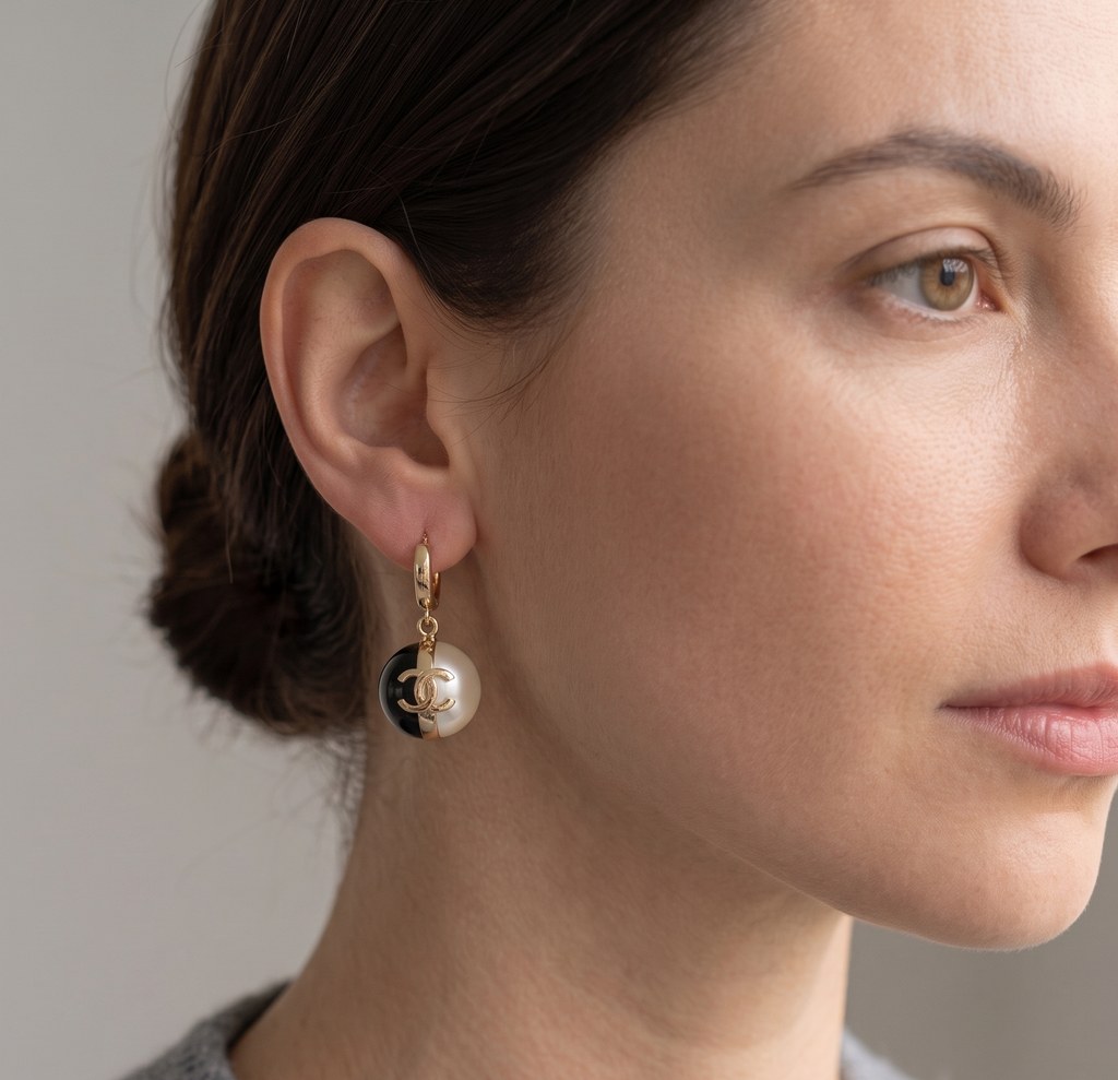 Gold hoop pearl and onyx drop earrings on model close-up