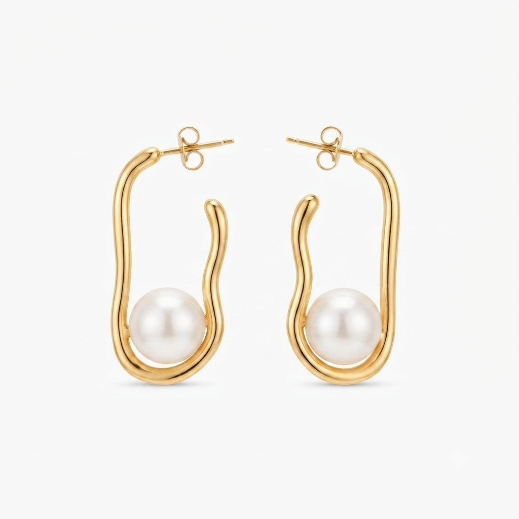 Gold sculptural pearl hoop earrings worn on model