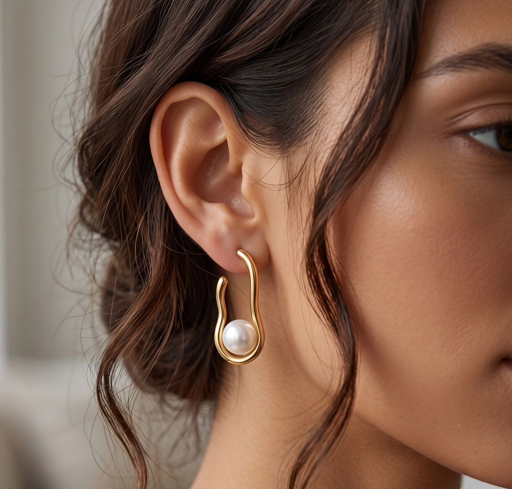 Gold sculptural pearl hoop earrings product shot