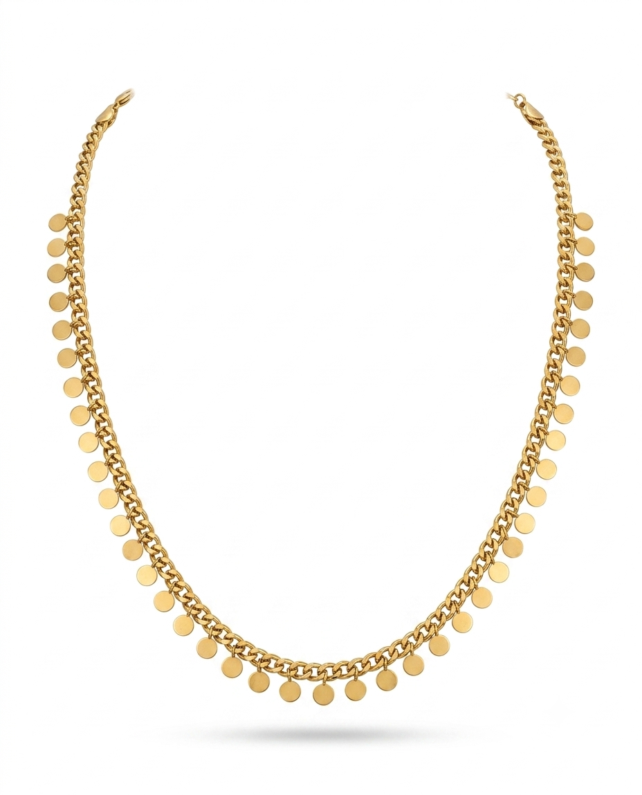 Gold coin disc drop curb chain necklace on white background