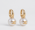 Gold huggie pearl charm earrings product shot