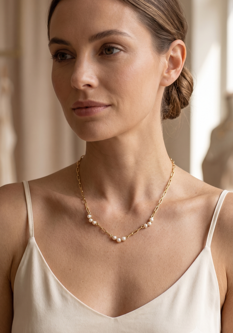 Model wearing gold paperclip chain pearl arc necklace with cream top