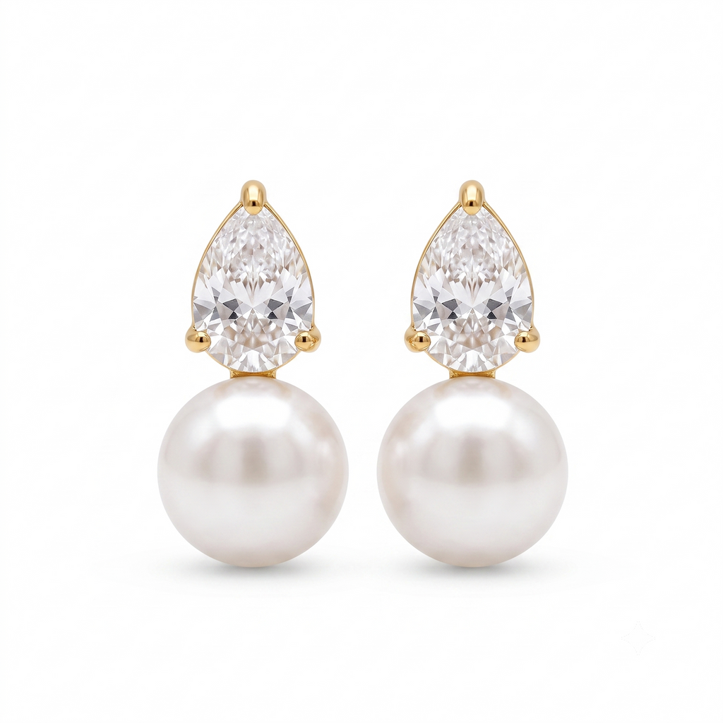 Pear crystal and pearl drop earrings product shot