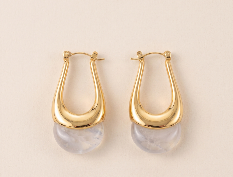 Gold arch moonstone drop earrings product shot