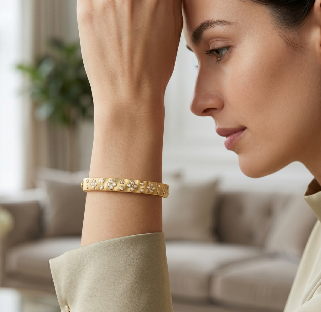 Floral Crystal Ribbed Bangle Bracelet
