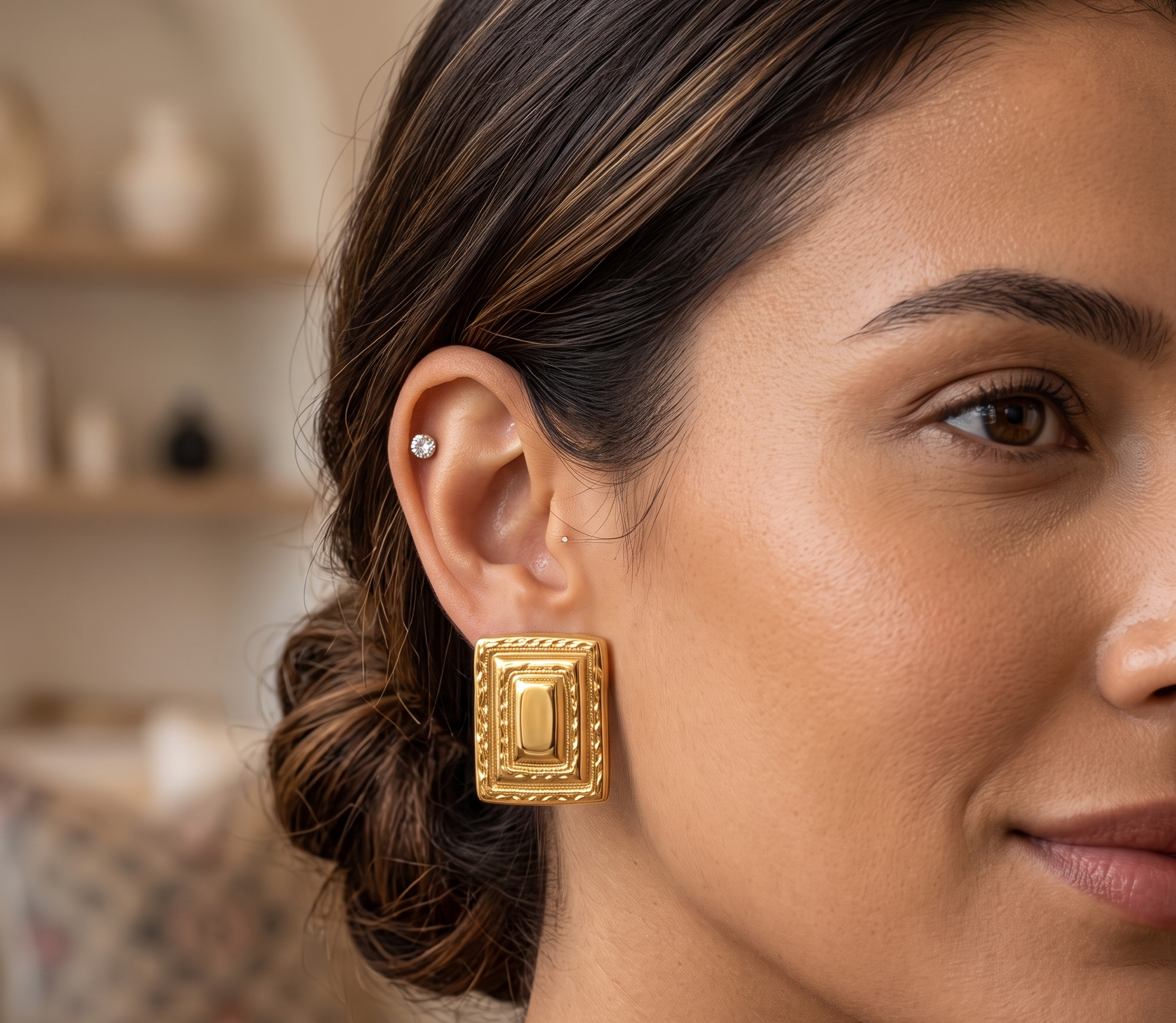Gold Rectangular Stud Earrings