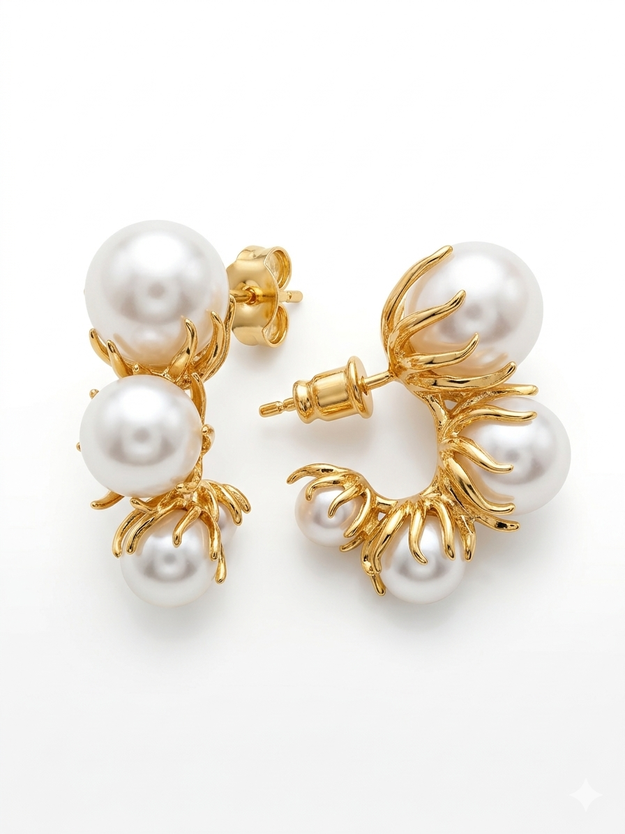 Triple Pearl Gold Claw Earrings